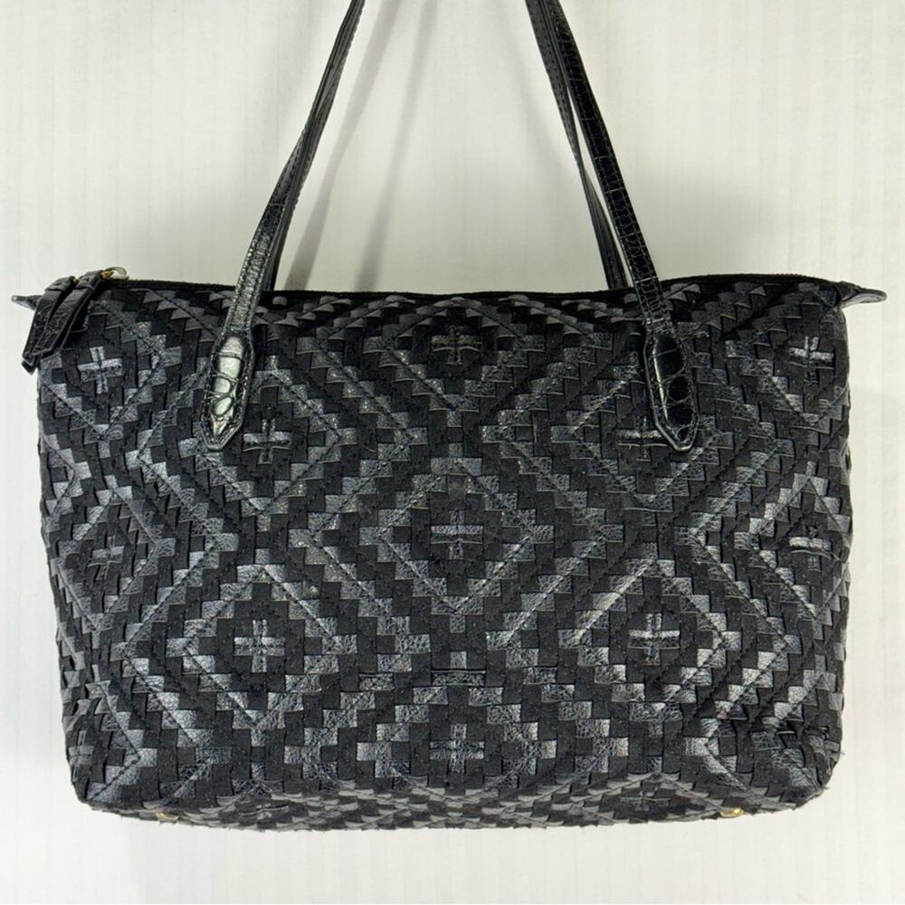 Eric Javits Kena Intricate Woven Resistant Tote Bag Black Leather Medium Western